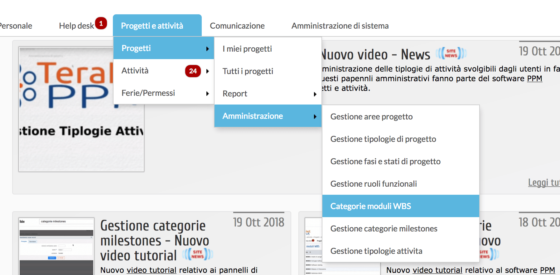 Menu per accedere al pannello di amministrazione delle categorie WBS del Project Portfolio Management