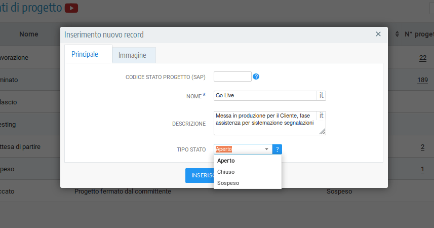 Screenshot creazione di una fasa di progetto del Project Portfolio Management