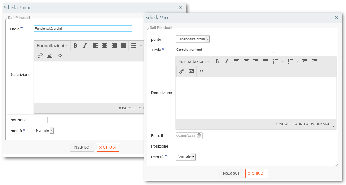 Form di inserimento e modifica dei punti e voci dell'ordine del giorno nel Project Portfolio Management