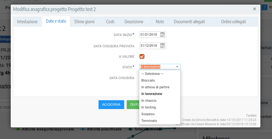 Screenshot form modifica anagrafica di progetto del Project Portfolio Management