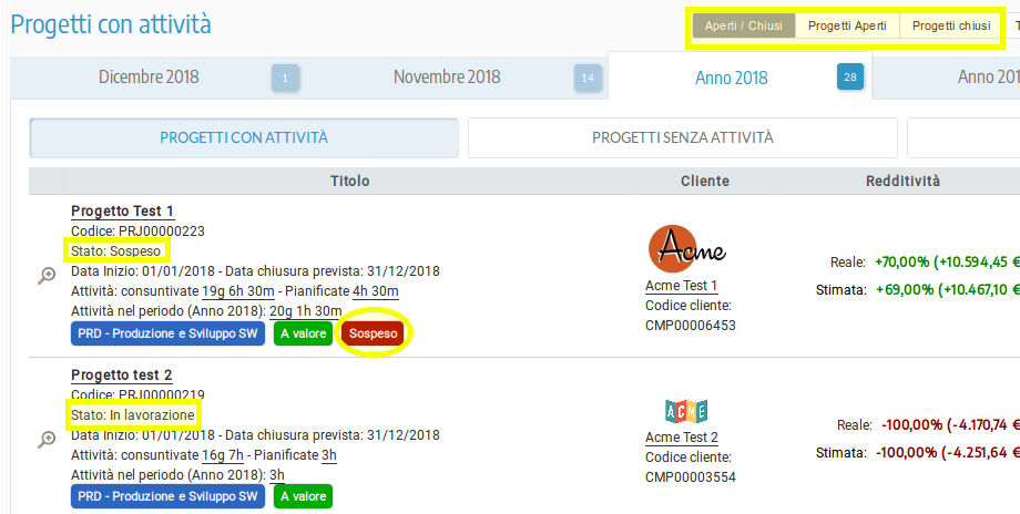 Screenshot di una porzione di elenco progetti del Project Portfolio Management di TeraNet